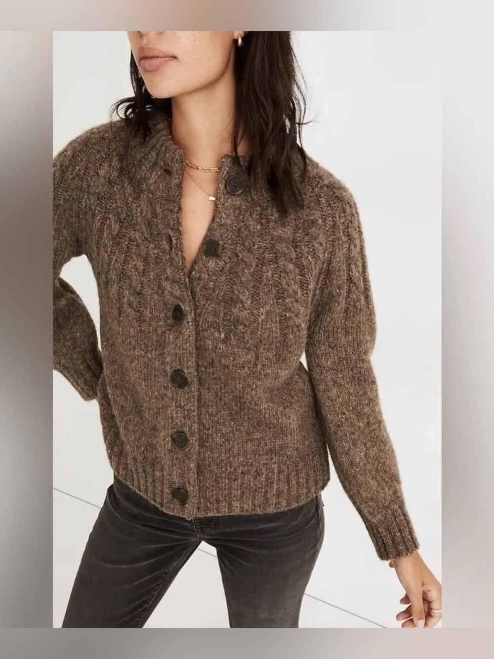 Cableknit Mockneck Cardigan Sweater